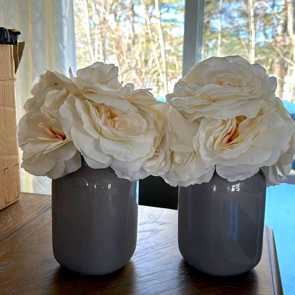 Set of 2 faux floral blush peony bouquets in mason jar vases